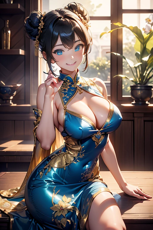 (((Masterpiece))),(((Super Detail))),(((in 8K))),(((best composition))),(((Rim lighting,Fireglow effect,deep shadow))),solo,(Hatsune Miku:1.0),Beautiful fingers,Detailed finger features,(Detailed hair features:1.7),(Dynamic and sexy bending pose:1.3),detailed facial features,detailed clothes features, (perky chest:1.1), (pointed chest:1.3), delicate beautiful face, Bright blue eyes, cute eyes, sparkling eyes, Big eyes, beautiful detailed eyes,double bun with glittering hair ornament,(super detailed glossy skin:1.3),slender body,tits,goddess smile,((mouth little smile open)),beautiful posture,cheongsam dress,(blue with silvr gold thread embroidery,super delicate floral pattern:1.2),seductive cleavage:1.3,beautiful glossy legs,shiny red high heels,lifting dishes with cakesd,french restaurant,hustle and bustle,rising steam,(((depth of fields)))