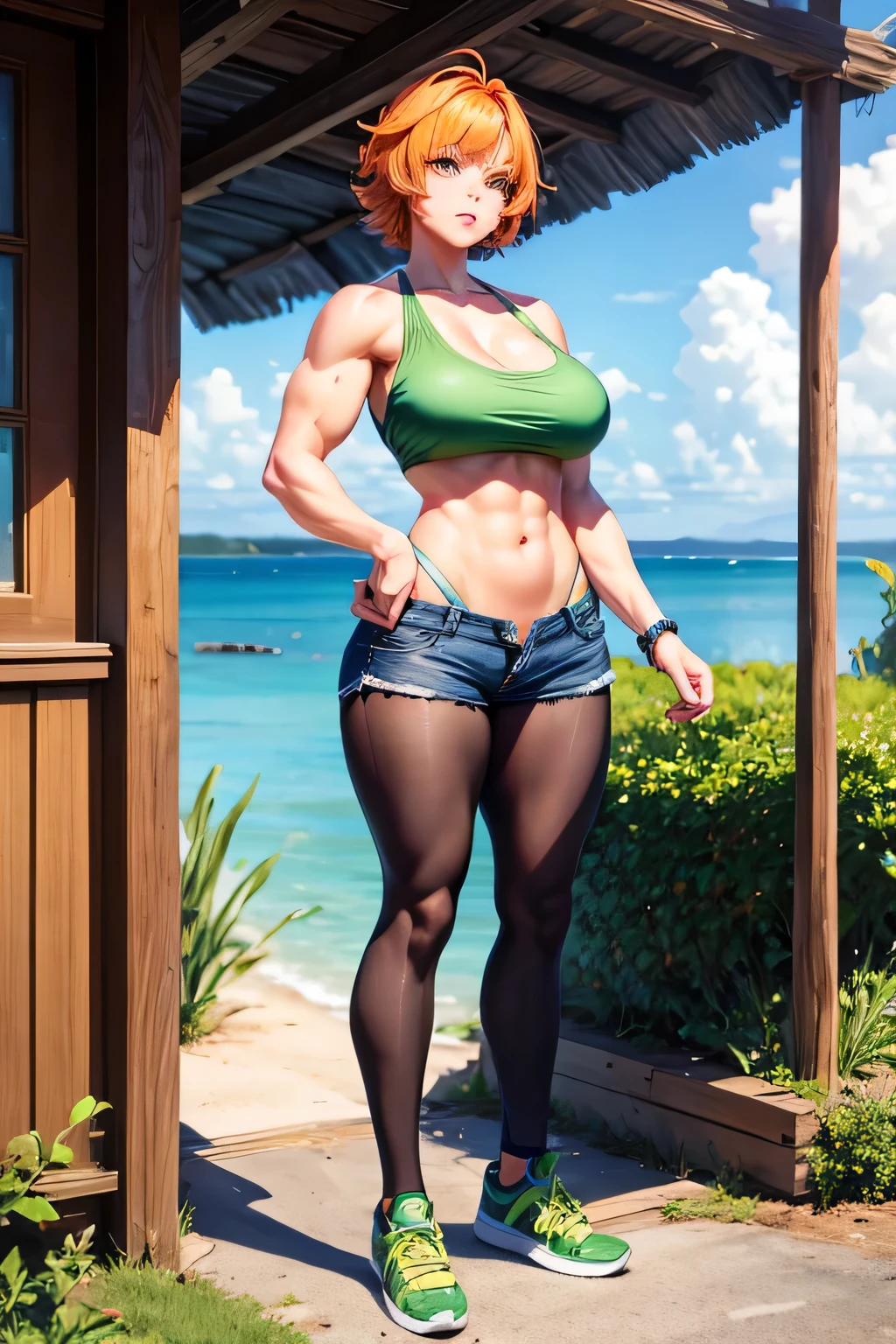 1girl, short orange hair, green eyes, green tank, blue shorts, black footwear, deep cleavage, large breasts, outside, sunny day, realistic, glowing eyes, standing girl, full body, muscle girl