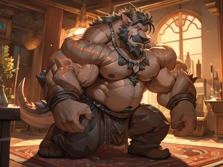 A burly, virile, and hairy dragon, exuding the irresistible charm of a himbo muscle daddy. His middle-aged features, adorned by a long, bushy beard and a thick mustache, reveal a life of experience and adventure. His body, sculpted into a warrior's build and a bodybuilder's physique, is a testament to his unyielding dedication to physical fitness. The hair on his chest and belly forms a carpet of thick fur, while his hairy arms and legs are adorned with a natural, untamed layer of hirsute. Every muscle on his overmuscular and musclebound frame is defined and bulging, veins pulsing beneath the surface, hinting at his incredible strength. Despite his advanced age, his grey hair only adds to his handsome and dreamy appearance.