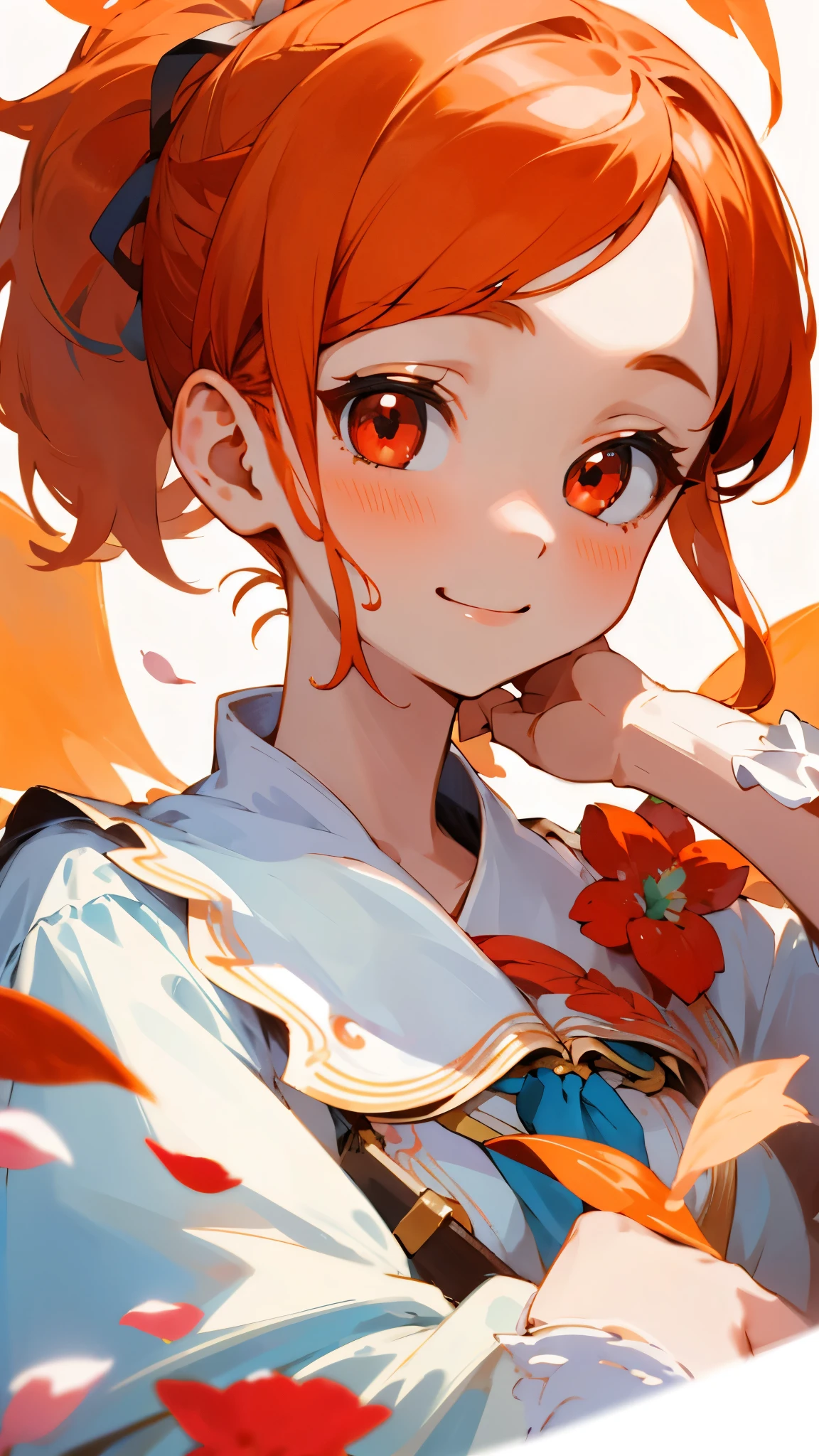 (highest quality,masterpiece,Surreal),Beautiful and delicate girl portrait,Playful and cute,Background Petals fluttering,Orange Hair、ponytail、Beautiful red eyes、smile、