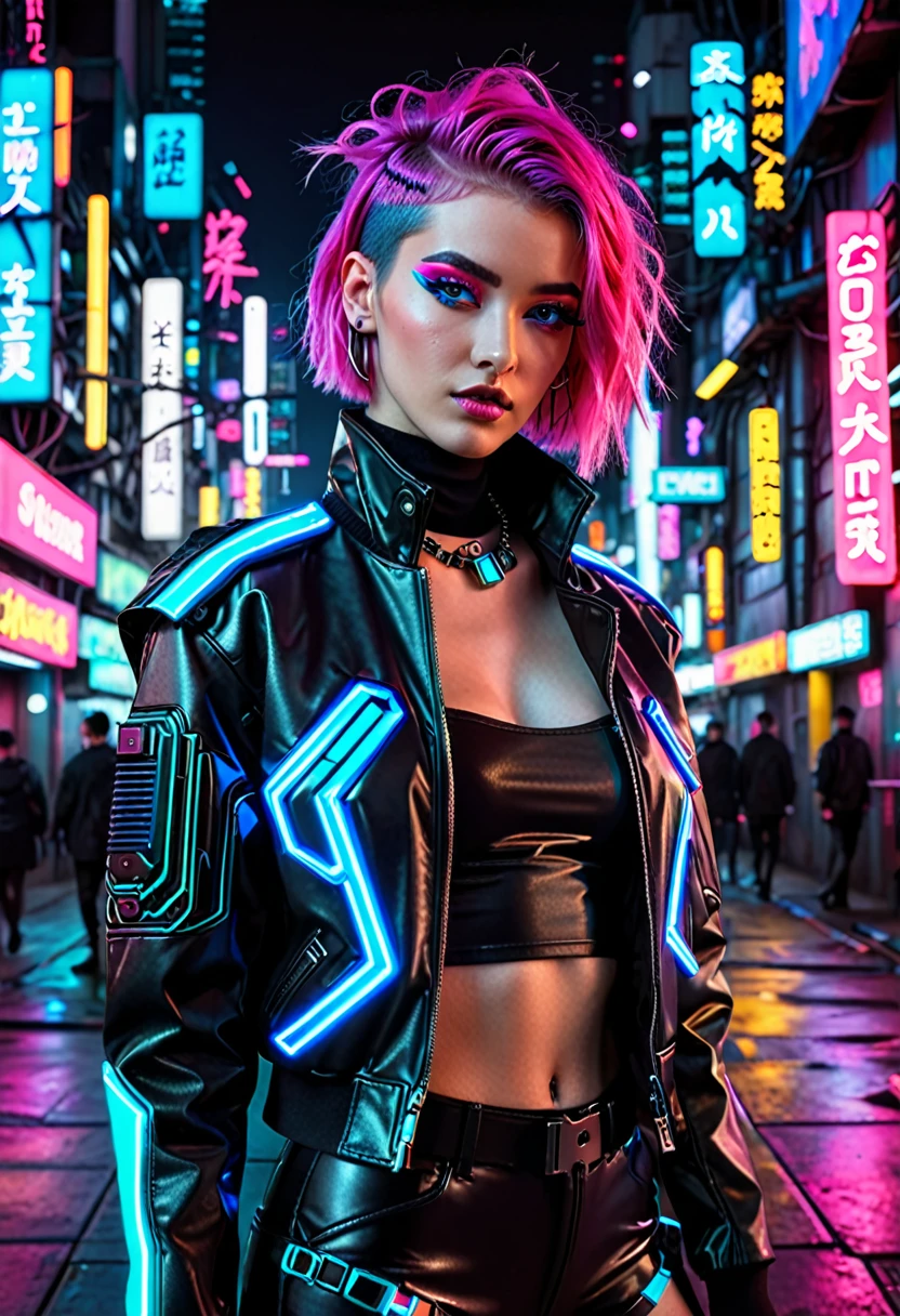 The image depicts a person with a striking cyberpunk-inspired look. The individual has a short, dyed hair style with vibrant shades of pink and blue, and their makeup is equally bold, featuring neon accents that complement the hair colors. They are wearing a black leather jacket adorned with neon pink and blue accents, giving it a futuristic, high-tech appearance. The jacket has a distinctive design with what appears to be a camera or sensor integrated into the chest area, adding to the cybernetic aesthetic.

The person is also wearing a black top with a similar neon design, and the overall outfit is completed with what seems to be a black choker necklace. The background is a cityscape at night, illuminated by neon lights, which enhances the cyberpunk theme of the image. The lighting and color grading contribute to a moody and atmospheric vibe, suggesting a setting that is both urban and otherworldly. The image is likely a creative concept or a promotional piece for a fashion or entertainment project that embraces the cyberpunk genre.