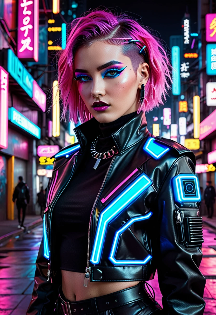 The image depicts a person with a striking cyberpunk-inspired look. The individual has a short, dyed hair style with vibrant shades of pink and blue, and their makeup is equally bold, featuring neon accents that complement the hair colors. They are wearing a black leather jacket adorned with neon pink and blue accents, giving it a futuristic, high-tech appearance. The jacket has a distinctive design with what appears to be a camera or sensor integrated into the chest area, adding to the cybernetic aesthetic.

The person is also wearing a black top with a similar neon design, and the overall outfit is completed with what seems to be a black choker necklace. The background is a cityscape at night, illuminated by neon lights, which enhances the cyberpunk theme of the image. The lighting and color grading contribute to a moody and atmospheric vibe, suggesting a setting that is both urban and otherworldly. The image is likely a creative concept or a promotional piece for a fashion or entertainment project that embraces the cyberpunk genre.