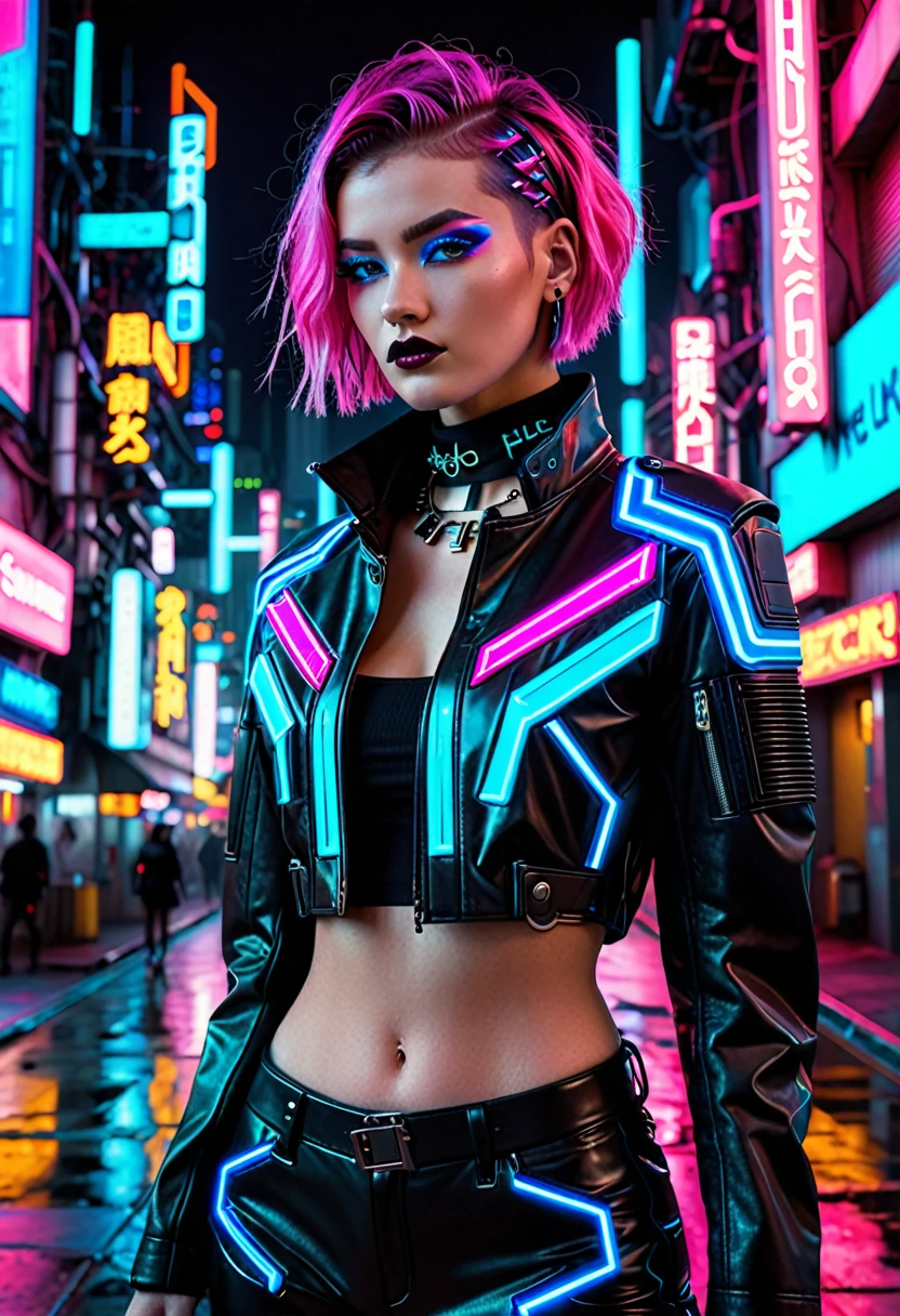 The image depicts a person with a striking cyberpunk-inspired look. The individual has a short, dyed hair style with vibrant shades of pink and blue, and their makeup is equally bold, featuring neon accents that complement the hair colors. They are wearing a black leather jacket adorned with neon pink and blue accents, giving it a futuristic, high-tech appearance. The jacket has a distinctive design with what appears to be a camera or sensor integrated into the chest area, adding to the cybernetic aesthetic.

The person is also wearing a black top with a similar neon design, and the overall outfit is completed with what seems to be a black choker necklace. The background is a cityscape at night, illuminated by neon lights, which enhances the cyberpunk theme of the image. The lighting and color grading contribute to a moody and atmospheric vibe, suggesting a setting that is both urban and otherworldly. The image is likely a creative concept or a promotional piece for a fashion or entertainment project that embraces the cyberpunk genre.