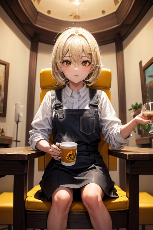 chica, pelo blanco, ojo amarillo,pecho mediano, peinado de dos colas, tema de aventura, SIENTATE EN LA SILLA, drinking coffee