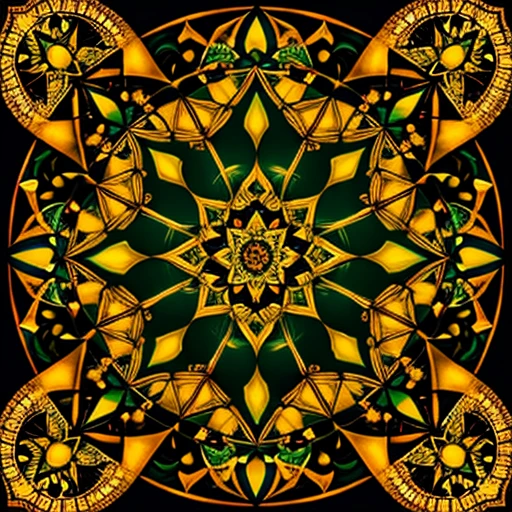 A beautiful mandala that is starting from a eight pointed star in the center, growing in forest green leaves and orange flecked with yellow light, like the crown of a tree, shining bright, growing in symmetrical designs and arabesques, adorned with flowers, digital art, masterpiece, highly detailed, 4k resolution, abstract art, oriental art, digital art, photographic