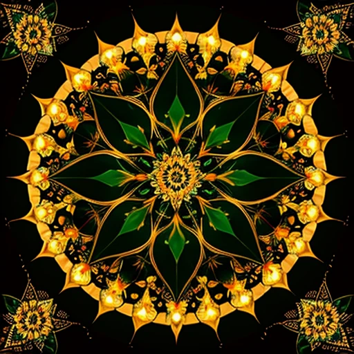 A beautiful mandala that is starting from a eight pointed star in the center, growing in forest green leaves and orange flecked with yellow light, like the crown of a tree, shining bright, growing in symmetrical designs and arabesques, adorned with flowers, digital art, masterpiece, highly detailed, 4k resolution, abstract art, oriental art, digital art, photographic
