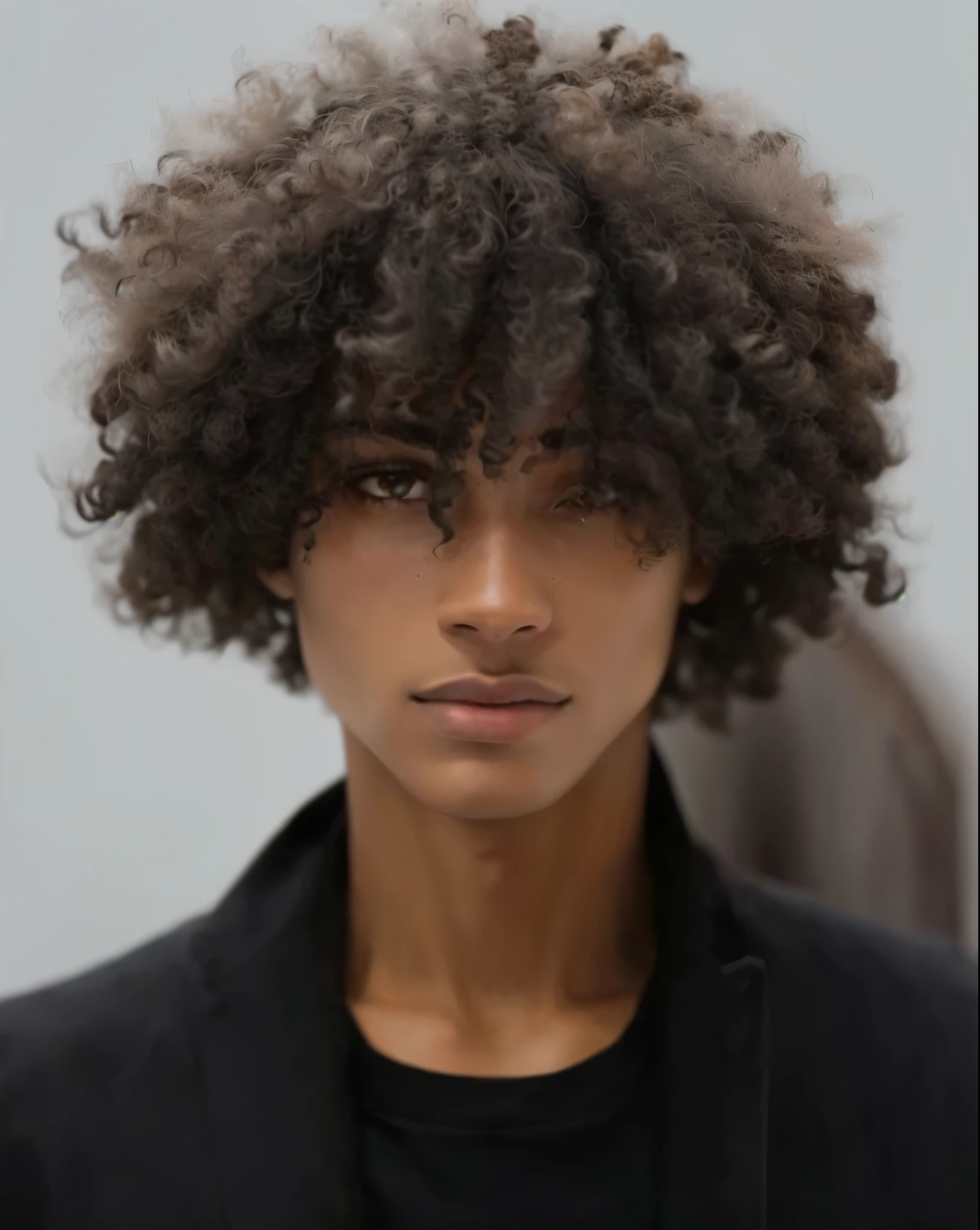 um close de um homem com cabelos cacheados e uma camisa preta, afro encaracolado, Venha para o hammam, corte de cabelo cacheado com parte do meio, androgynous face, androgynous male, com afro, cabelo afro, afro, androgynous person, Finn Wolfhard, androgynous, com cabelo e pele texturizados, ele tem cabelo castanho curto e encaracolado, afro futurista