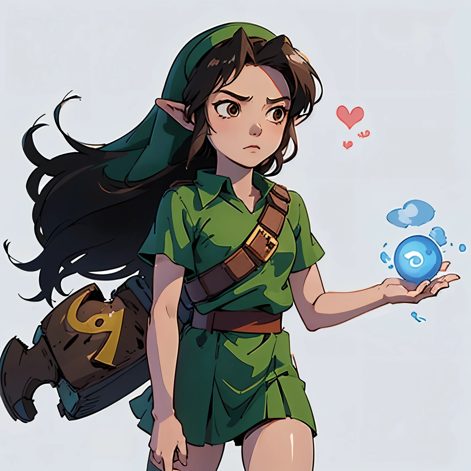 A woman, with cosplay of Link, very sad face, brown eyes, black long hair, sketch art, sticker, white background, character from the legend of zelda