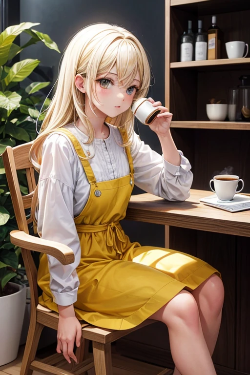 chica, pelo blanco, ojo amarillo, SIENTATE EN LA SILLA, drinking coffee