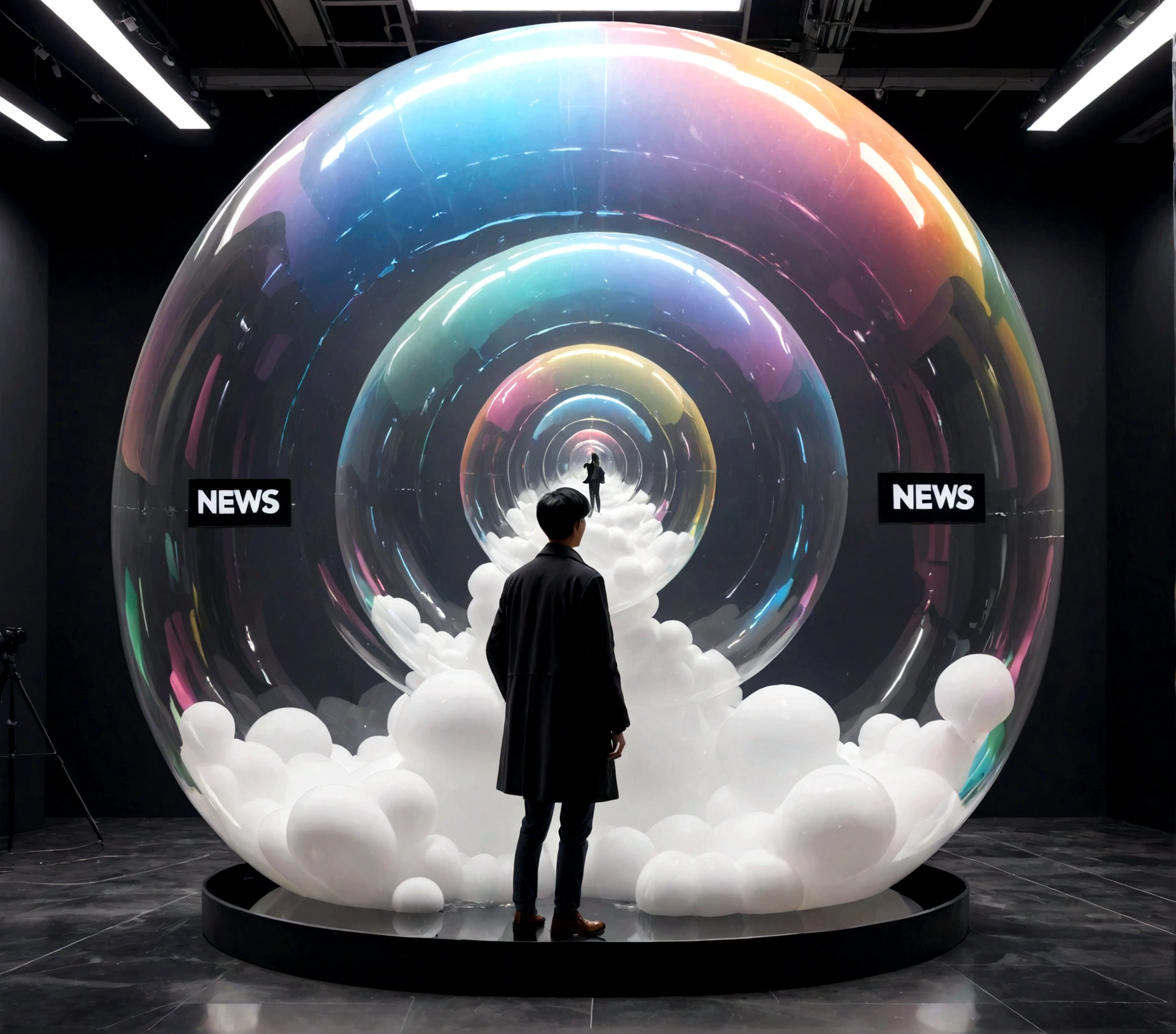: A person trapped inside a giant soap bubble with a news network logo on it々Reflect, Demonstrates the concepts of echo chambers and selective exposure in media consumption.