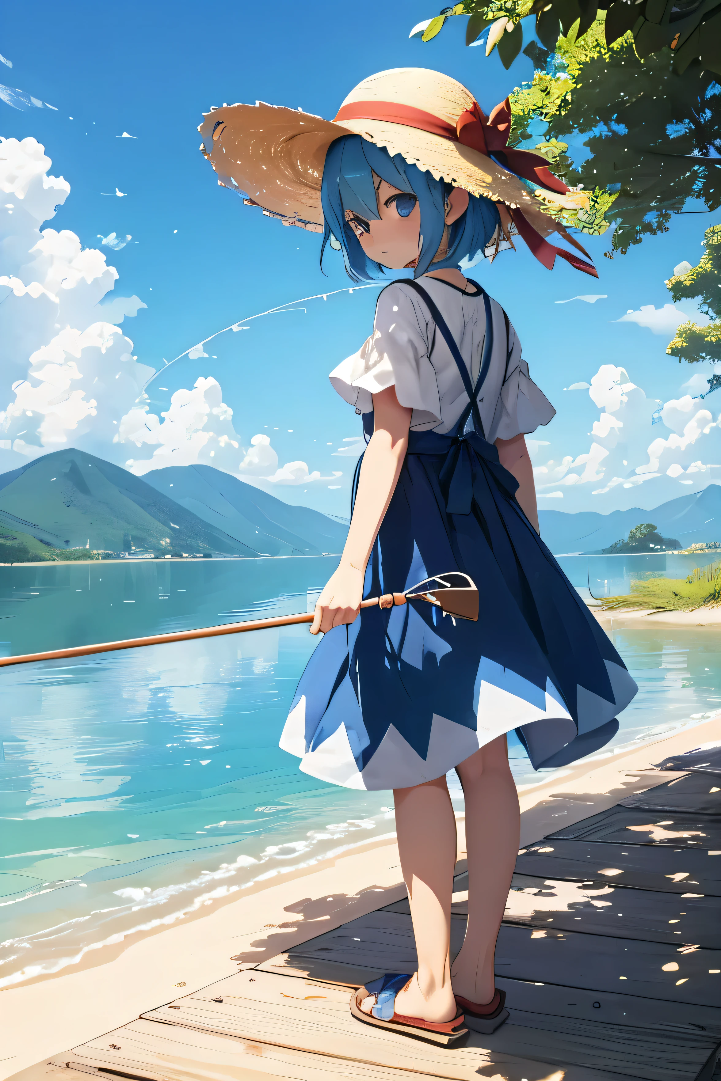 Cirno is fishing with a rod on the shore of a lake. On his head is a straw hat. Summer. Hot. Beautiful. A masterpiece.