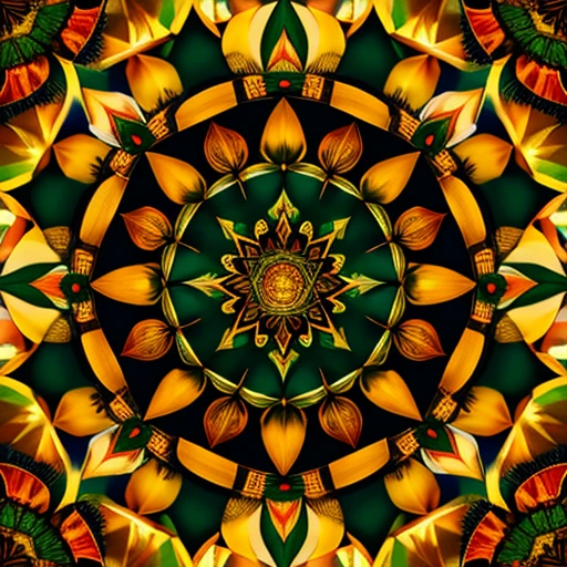 A beautiful mandala that is starting from a eight pointed star in the center, growing in forest green leaves and orange flecked with yellow light, like the crown of a tree, shining bright, growing in symmetrical designs and arabesques, adorned with flowers, digital art, masterpiece, highly detailed, 3d modelling, 4k resolution, abstract art, oriental art, digital art, photographic