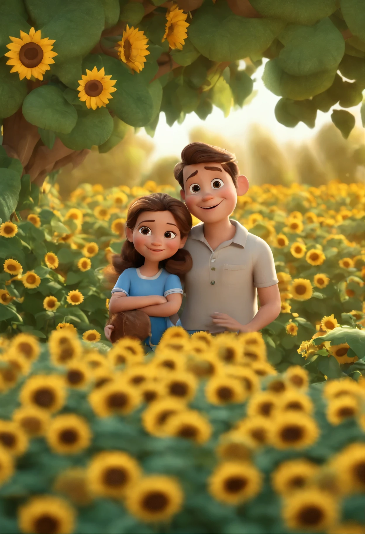 Create a Disney PIXAR style 3D poster. ((centro da imagem, Triplets)), ((3 filhos)) ((1 menino no meio e 2 meninas ao lado, they are hugging, O menino tem pele castanha e cabelos castanhos escuros e olhos castanhos escuros, 1 tem pele clara, olhos e cabelos escuros e cacheados, e a outra tem pele morena, olhos escuros e cabelos escuros e lisos)) ((tudo isso no estilo Disney PIXAR 3D, No fundo, A house of sunflowers, Glory Studio, The garden is full of nature 3D rendering RTX clay material, estilo de design cartunesco, Mercado POP, soft lighting, linhas suaves, Spring tilt, Detailed PIXAR 3D illustrations, Detalhes hiper-realistas, cor quente no estilo Disney PIXAR 3D))
