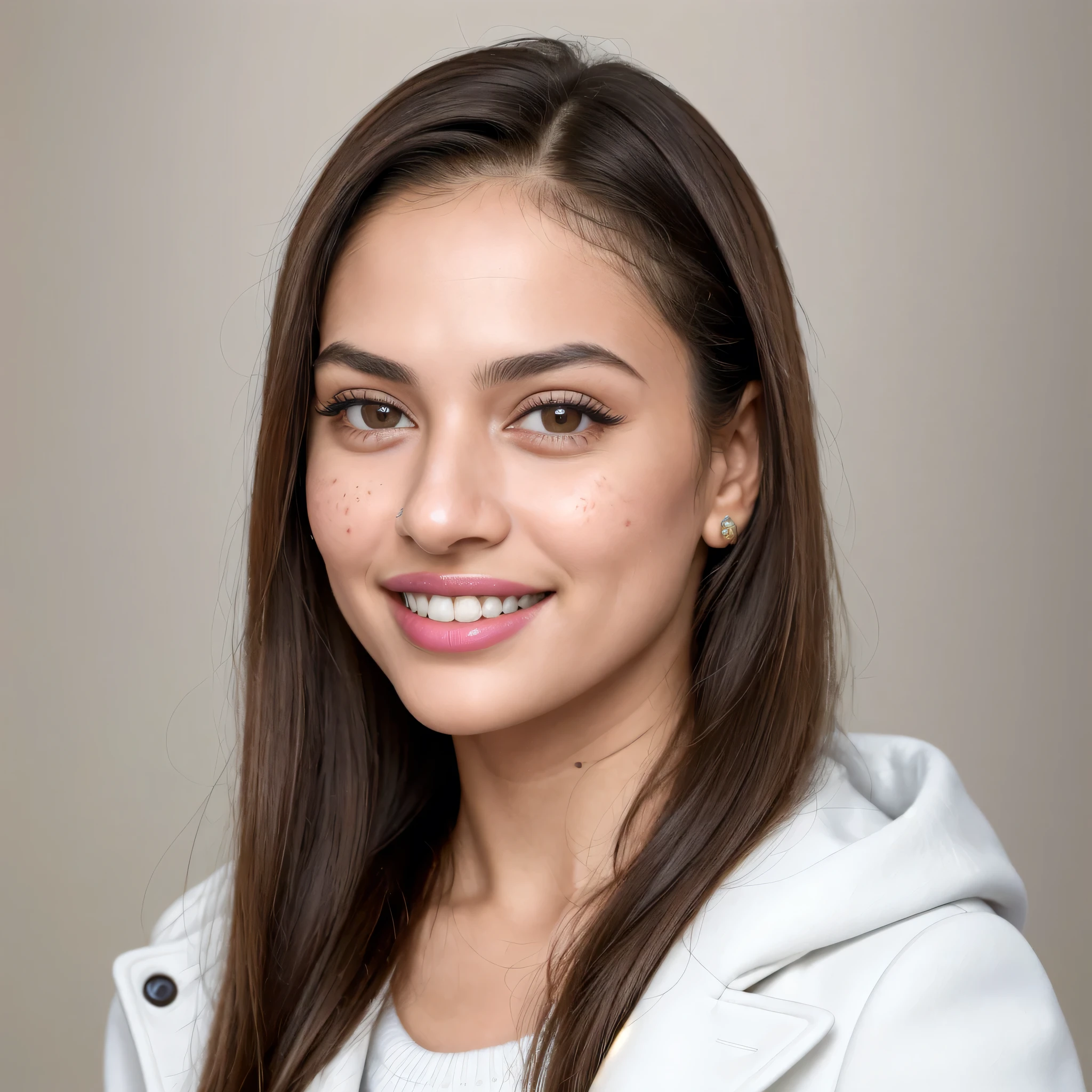 (8k, highest quality, ultra high resolution, photorealistic:1.4, UHD, ultra detailed:1.37, mid-range image),1girl, in a dentist clinic, white teethes, small nose, big eyes, 18yo, black jacket, light brown eyes, small head, acne,bad skin,small nose, acne skin, real, thick hair, super realistic detailed eyes, super realistic detailed teethes, Arab women, modest, attractive smile, white teeth, showcases her unique fashion sense in a trendy setting. The high-resolution image captures ultra-detailed realism, highlighting confident pose, captivating eyes, big eyes, and flawless complexion.