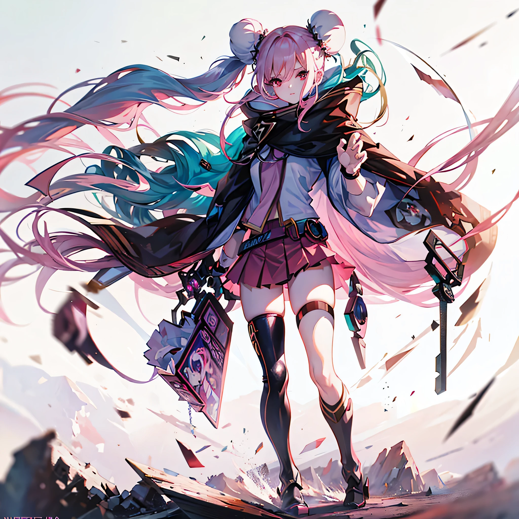 (masterpiece, highest quality), (Perfect athletic body:1.2), (Detailed Hair), Super detailed, Anime Style, whole body, Cyberpunk Girl, Sea green twin-tailed hairstyle and red eyes, Wearing a shabby cloak and red skirt, Burnt mechanical limbs, Black and purple flaming fist, Standing in the wasteland, Wearing long boots, Digital Painting, 8K High Resolution, whole body, White Background, Dynamic pose,Pink Eyes,Cinematic Angles,perspective,(((White bun hair))),(((Long pink hair))),