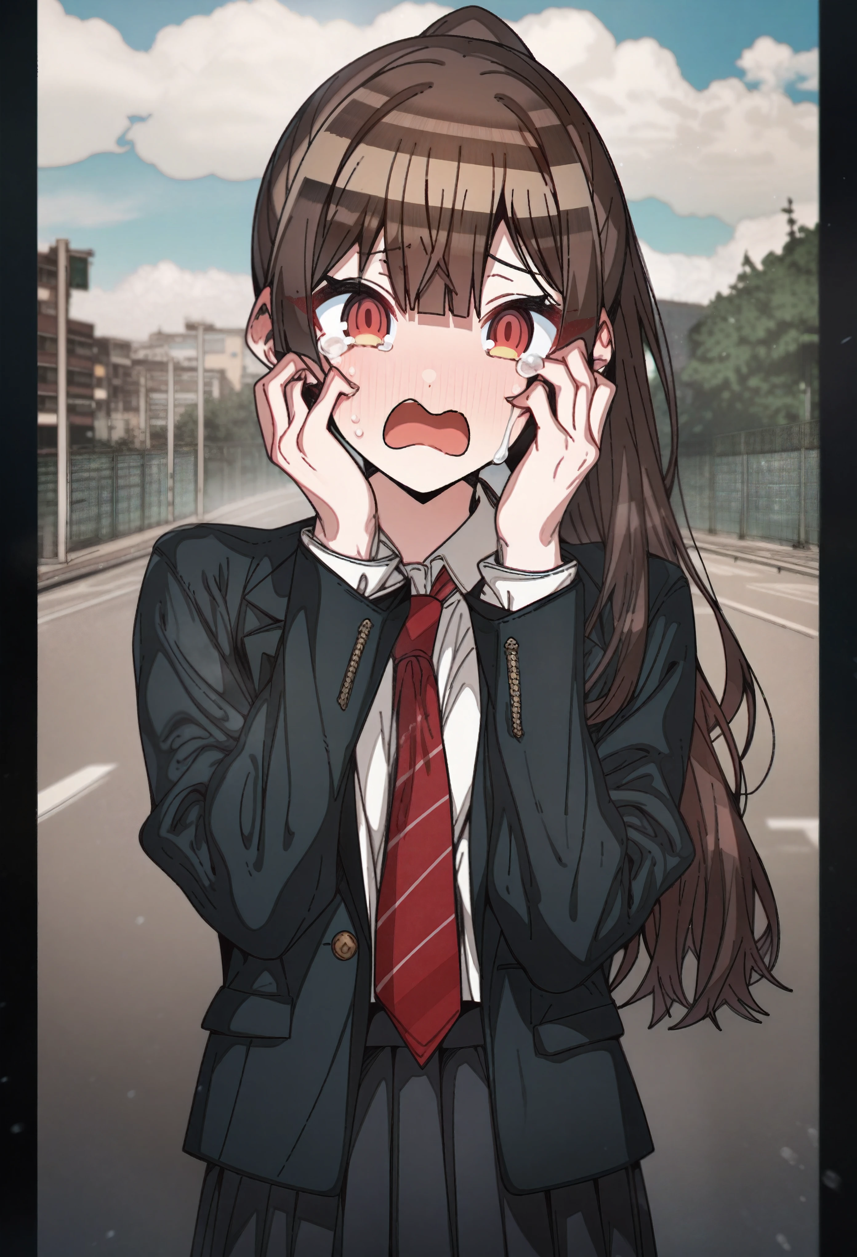 standing, Houshou_marine with brown hair and hazel eyes, Artist, erere, Copyrights, idolmaster, idolmaster_shiny_colors, Character, General, 1girl, brown_hair, medium_breasts, breasts, long side_bangs, ponytail, detailed eyelashes, beautiful girl:1, hazel_eyes, censored, ((clouds, detailed background)), school_uniform, black skirt, black blazer, black_sleeves, pleated skirt:1.2, blazer, red tie, detailed, outdoors, looking_at_viewer, masterpiece, best_quality, great_quality, girl, solo, center_composition, centered character, cute, tears, crying, sad, upper_teeth_only, surprised, hands_on_own_face
