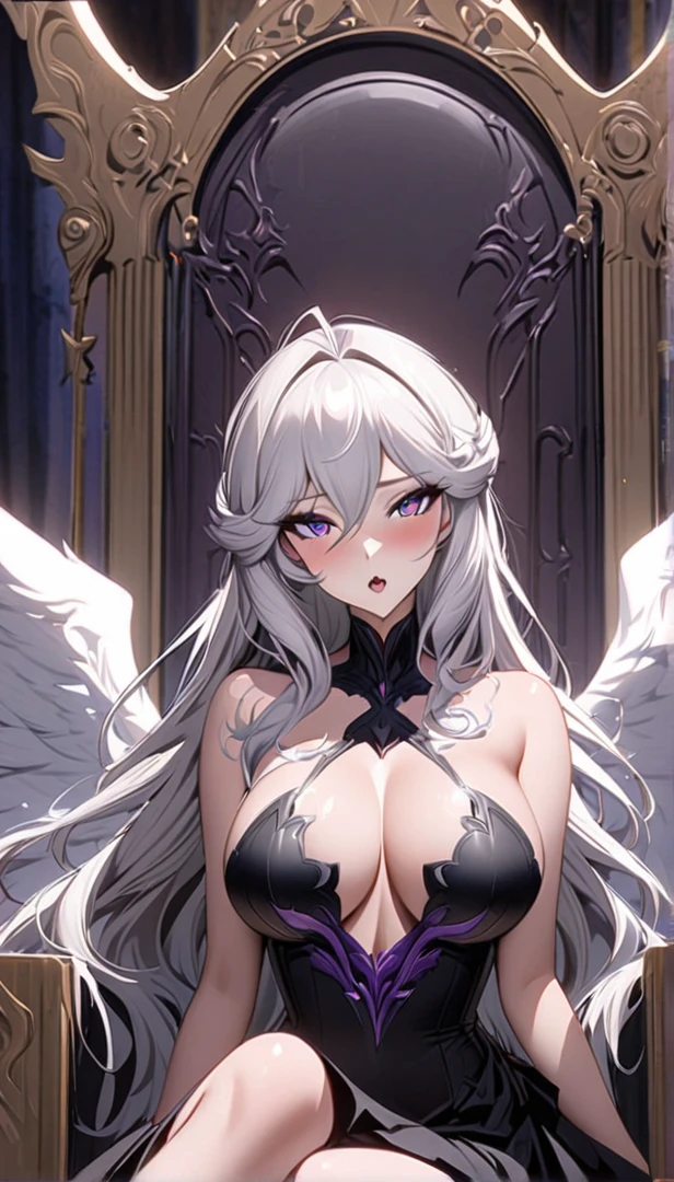 a woman with white hair, seductive anime girl, beautiful alluring anime woman, beautiful anime woman, white haired goddess, female anime character, anime woman, big breasts, mouth wide open, woman in a black strapless dress, angel wings, angel anime woman, white and black dress, purple eyes, sitting on a throne, blushing