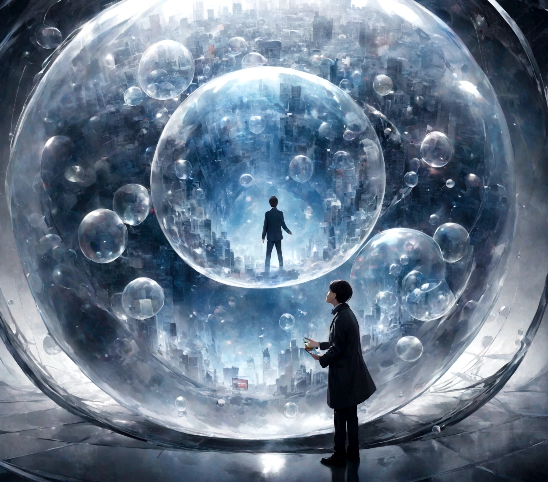 : A person trapped inside a giant soap bubble with a news network logo on it々Reflect, Demonstrates the concepts of echo chambers and selective exposure in media consumption.