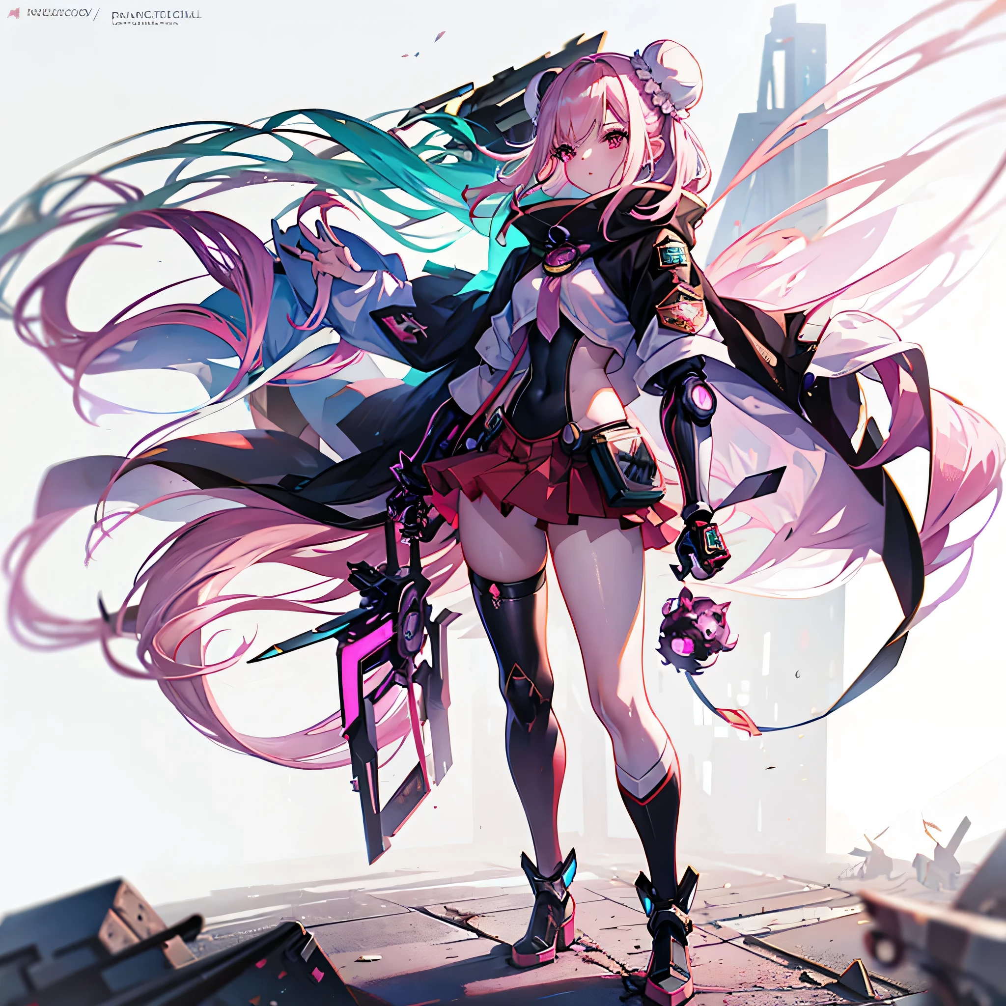 (masterpiece, highest quality), (Perfect athletic body:1.2), (Detailed Hair), Super detailed, Anime Style, whole body, Cyberpunk Girl, Sea green twin-tailed hairstyle and red eyes, Wearing a shabby cloak and red skirt, Burnt mechanical limbs, Black and purple flaming fist, Standing in the wasteland, Wearing long boots, Digital Painting, 8K High Resolution, whole body, White Background, Dynamic pose,Pink Eyes,Cinematic Angles,perspective,(((White bun hair))),(((Long pink hair))),