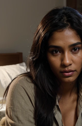 beautiful mature Indian 25 year old girl, brown skin tone, wearing boyfriend shirt, posing in bed, athlete body, brown eyes, black hairs, Indian skin tone, realistic skin texture, photorealistic digital art trending on Artstation 8k HD high definition detailed realistic, detailed, skin texture, hyper detailed, realistic skin texture, armature, best quality, ultra high res, (photorealistic:1.4), high resolution, detailed, f1.6 lens rich colors hyper realistic lifelike texture dramatic lighting unrealengine