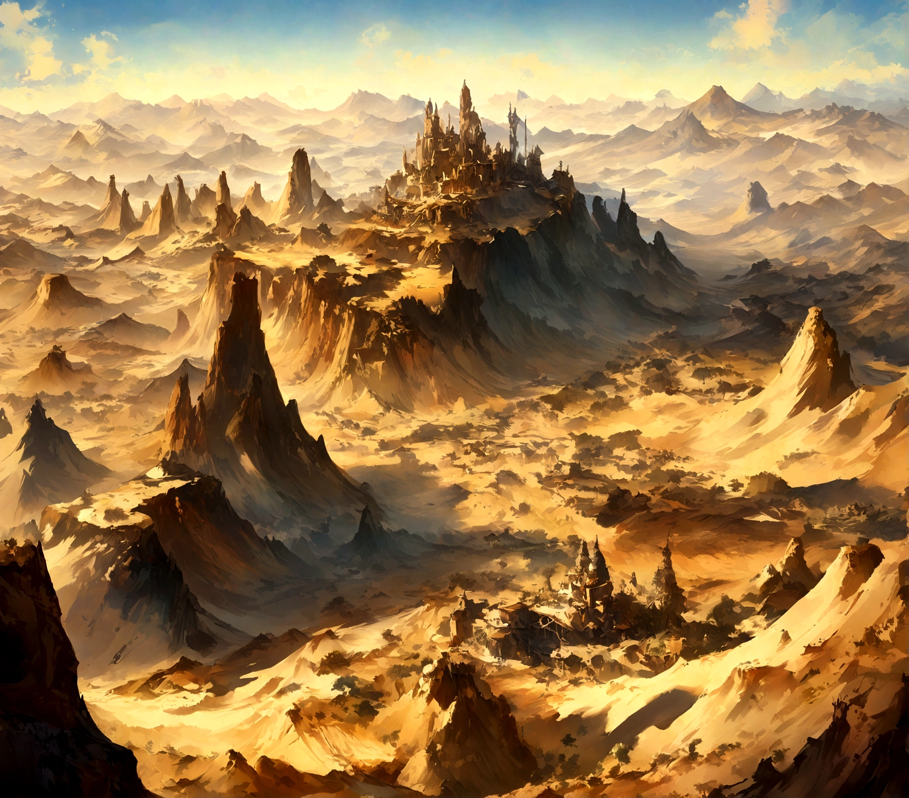 Yellow sand in the sky,The bottom is a vast desert, Cores ricas,digital landscape art, detailed scenery - width 672, arte de paisagem, environment design illustration, detailed scenery art, desert landscape, arte conceitual, Arte digital altamente detalhada em 4k, pintura digital 4k, pintura digital 4k, stunning digital illustration, Fundo do deserto, arte conceitual de pintura digital, pintura digital detalhada