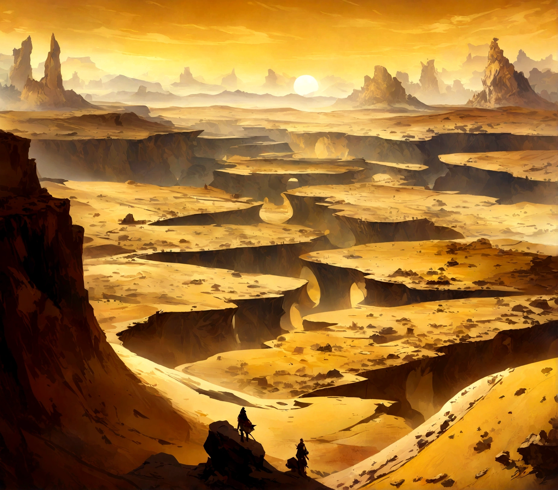 Yellow sand in the sky，The bottom is a vast desert, Cores ricas，digital landscape art, detailed scenery - width 672, arte de paisagem, environment design illustration, detailed scenery art, desert landscape, arte conceitual, Arte digital altamente detalhada em 4k, pintura digital 4k, pintura digital 4k, stunning digital illustration, Fundo do deserto, arte conceitual de pintura digital, pintura digital detalhada