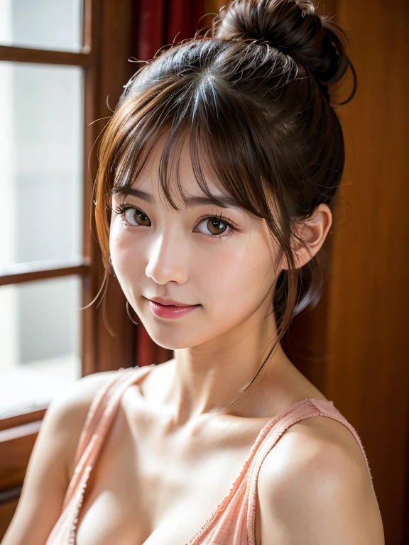 highest quality, Face Focus, Soft Light, Ultra-high resolution, (Realistic:1.4), RAW Photos,
1 Japanese girl, alone, cute, (pupil, Light in your eyes),  Beautiful face in every detail, ,(High resolution detail of human skin texture),
(double bun),
indoor,On the bed、Luxury hotel bedroom
, pajamas、open clothes、
(Portraiture)、embarrassed、blush、Smile 1.1