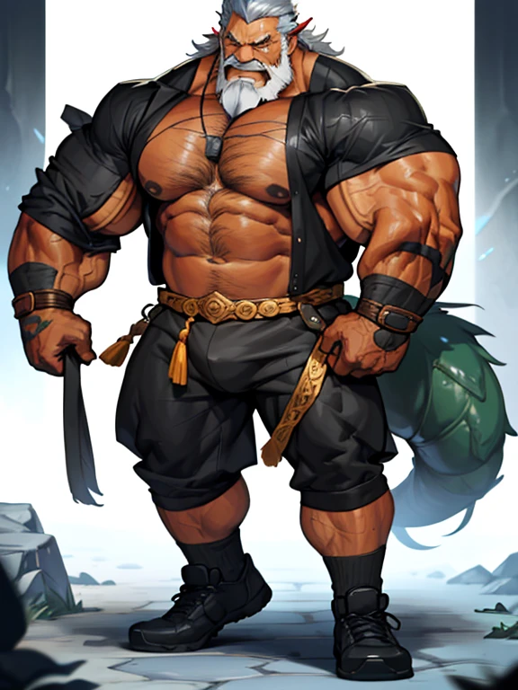 A burly, virile, and hairy dragon, exuding the irresistible charm of a himbo muscle daddy. His middle-aged features, adorned by a long, bushy beard and a thick mustache, reveal a life of experience and adventure. His body, sculpted into a warrior's build and a bodybuilder's physique, is a testament to his unyielding dedication to physical fitness. The hair on his chest and belly forms a carpet of thick fur, while his hairy arms and legs are adorned with a natural, untamed layer of hirsute. Every muscle on his overmuscular and musclebound frame is defined and bulging, veins pulsing beneath the surface, hinting at his incredible strength. Despite his advanced age, his grey hair only adds to his handsome and dreamy appearance.