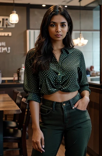 beautiful mature Indian 25 year old girl, brown skin tone, standing in a restaurant with a green polka top and black jeans, standing in a restaurant, taken with canon eos 5 d mark iv, candid picture, taken with sony a7r camera, taken with a pentax k1000, shot with sigma f/ 4.2, shot with sigma f / 4. 2, taken with sony alpha 9, ultra high res, high resolution, detailed, f1.6 lens rich colors hyper realistic lifelike texture dramatic lighting unrealengine.