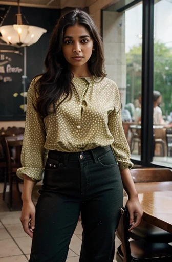 Create a realistic depiction of an African lady who is smartly dressed in modern clothes that are chic, flirty, sexy and respectable . Her outfit should prominently feature brown and peach . She should have a very thick build and appear realistic."