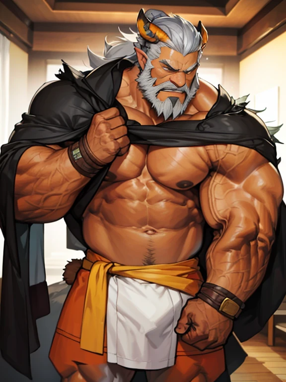 A burly, virile, and hairy dragon, exuding the irresistible charm of a himbo muscle daddy. His middle-aged features, adorned by a long, bushy beard and a thick mustache, reveal a life of experience and adventure. His body, sculpted into a warrior's build and a bodybuilder's physique, is a testament to his unyielding dedication to physical fitness. The hair on his chest and belly forms a carpet of thick fur, while his hairy arms and legs are adorned with a natural, untamed layer of hirsute. Every muscle on his overmuscular and musclebound frame is defined and bulging, veins pulsing beneath the surface, hinting at his incredible strength. Despite his advanced age, his grey hair only adds to his handsome and dreamy appearance.