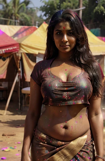 beautiful mature Indian 25 year old girl, brown skin tone, wearing traditional Indian saree, posing in holi festival setting, covered in holi colors, athlete body, brown eyes, black hairs, Indian skin tone, realistic skin texture