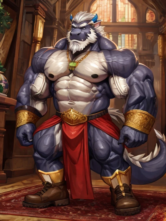 A burly, virile, and hairy dragon, exuding the irresistible charm of a himbo muscle daddy. His middle-aged features, adorned by a long, bushy beard and a thick mustache, reveal a life of experience and adventure. His body, sculpted into a warrior's build and a bodybuilder's physique, is a testament to his unyielding dedication to physical fitness. The hair on his chest and belly forms a carpet of thick fur, while his hairy arms and legs are adorned with a natural, untamed layer of hirsute. Every muscle on his overmuscular and musclebound frame is defined and bulging, veins pulsing beneath the surface, hinting at his incredible strength. Despite his advanced age, his grey hair only adds to his handsome and dreamy appearance.