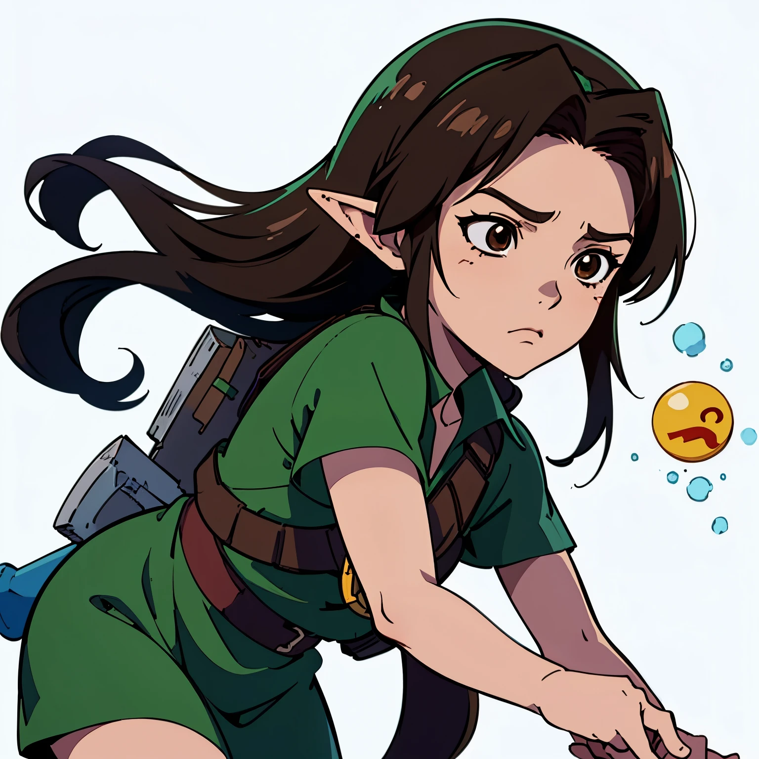 A woman, with cosplay of Link, very sad face, brown eyes, black long hair, sketch art, sticker, white background, character from the legend of zelda