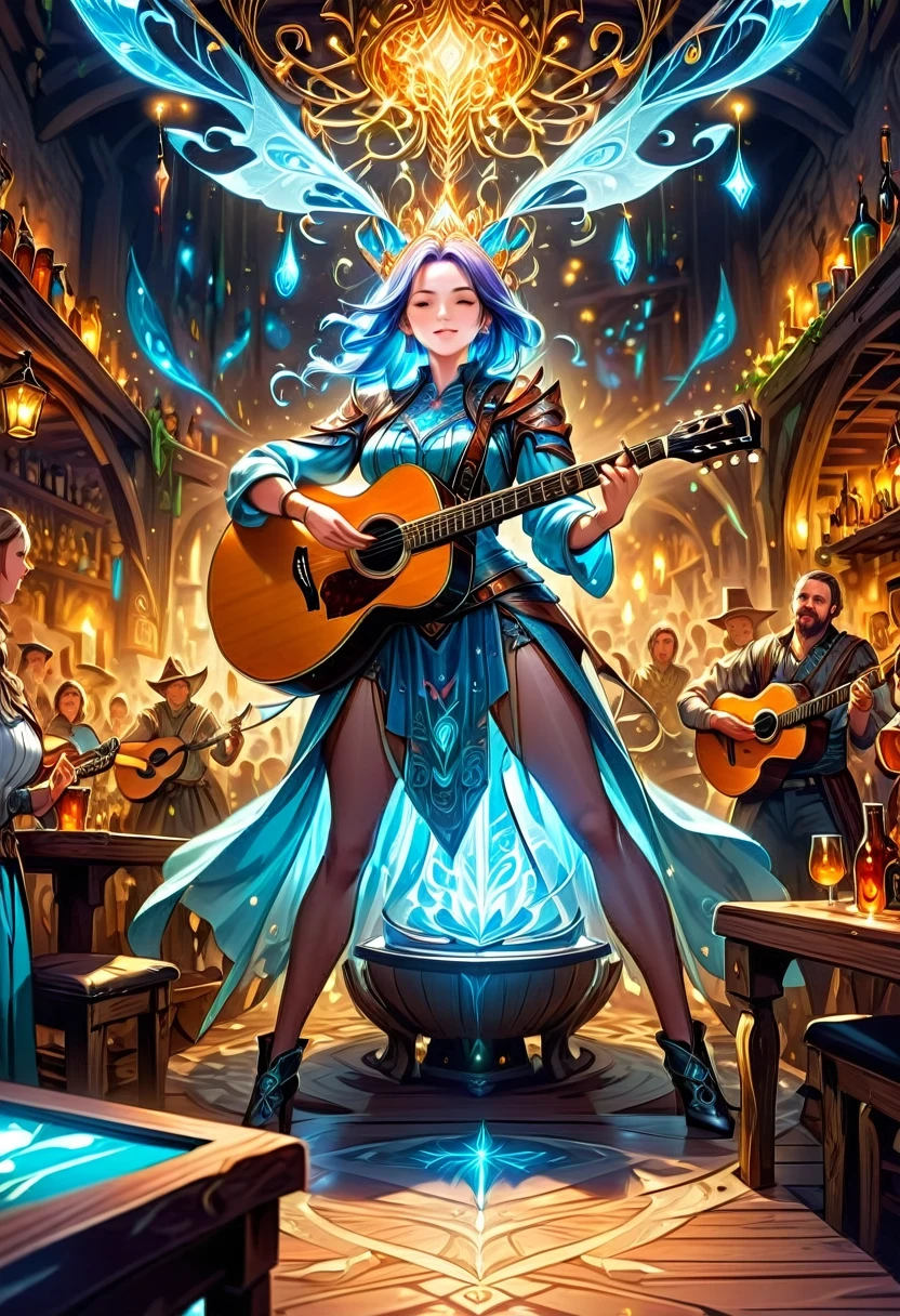 high details, best quality, 16k, [ultra detailed], masterpiece, best quality, (extremely detailed), full body, ultra wide shot, photorealistic, RAW, fantasy art, dnd art, fantasy art, realistic art,  an ultra wide, full body, a picture  of a human female  (intricate details, Masterpiece, best quality: 1.5) fantasy bard, fantasy enchanter,  playing a (guitar: 1.5)  and enchanting people in a tavern with magical song, colorful clothes, dynamic clothing, epic beautiful female human ((anatomically correct)) bard (intricate details, Masterpiece, best quality: 1.5), dynamic hair, tavern full of crowd, many people intricate details, Masterpiece, best quality: 1.3), bard playing guitar and enchanting audience (intricate details, Masterpiece, best quality: 1.5), candles light, fantasy chandelier, magical notes, magical runes in the air (intricate details, Masterpiece, best quality: 1.5),Cinematic Hollywood Film style, GlowingRunesAI_paleblue