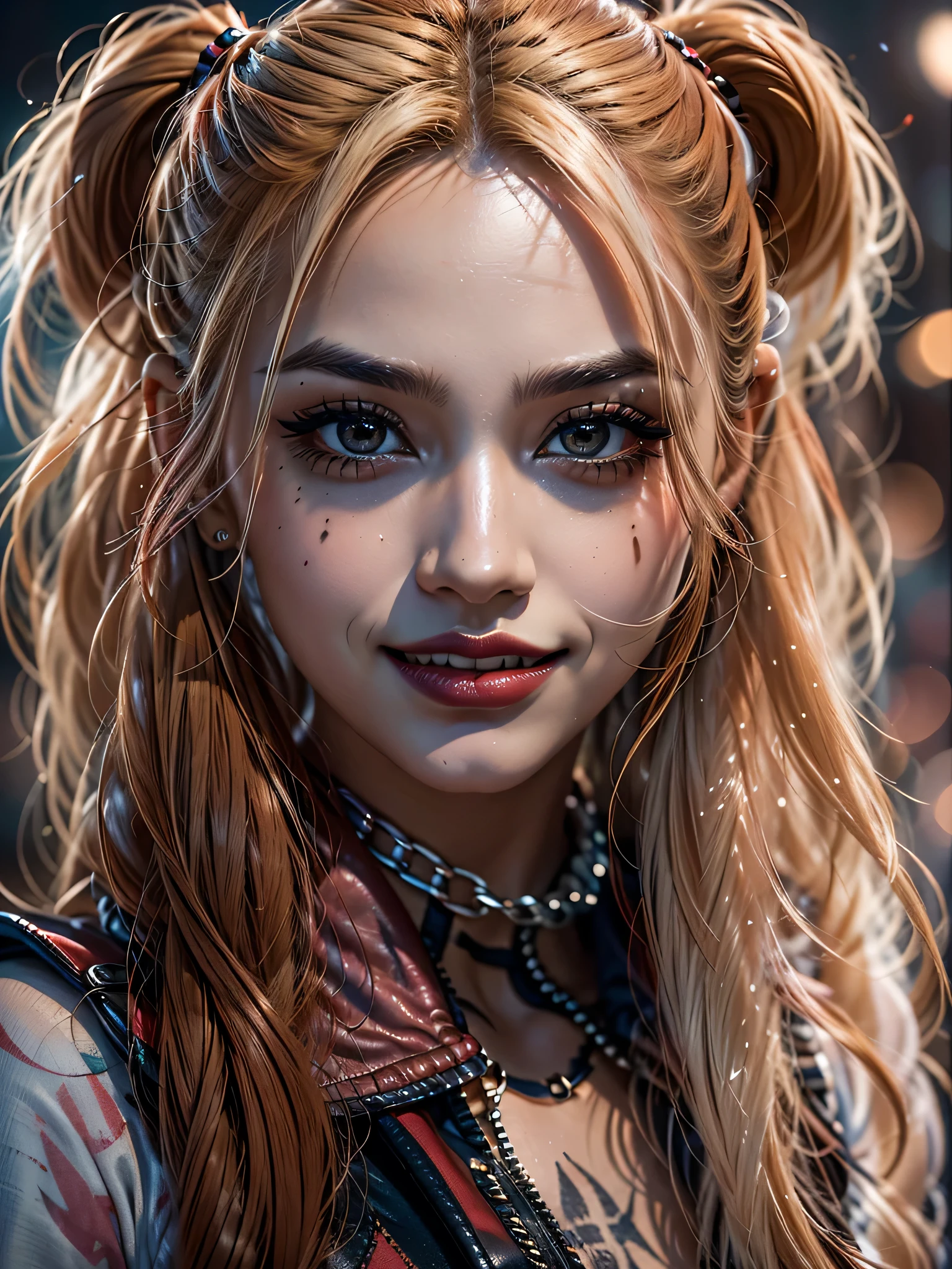 photorealistic Realism 8K, 16K Quality, (ultra absurd quality, extremely detailed detail, hyper resolution, clear sharp focus, not blurry, (Realistic brown_eyes:1.25)), ((perfect dark_eyeshadows:1.45)), (super Detailed, beautiful little nose:1.2), (perfect composition), Depth of field, cinematic light, Lens flare, Ray tracing, (extremely beautiful face, beautiful lips , Beautiful eyes), Intricate detail face, ((Ultra detailed skin)) A breathtakingly lifelike portrait of Harley Quinn, her vivid hair cascading down her back, contrasting the dark and gritty background of Gotham. Every detail of her outfit, every imperfections on her flawless skin, meticulously captured in ultra-high resolution, offering a crystal-clear sharpness that makes the image stand out. Harley Quinn, 16 Anos, Cabelo Grande, Fogo, Pessoas: A striking composition of Harley Quinn at 16 years old, her long hair ablaze, surrounded by a vivid display of flames and a group of intriguing characters,