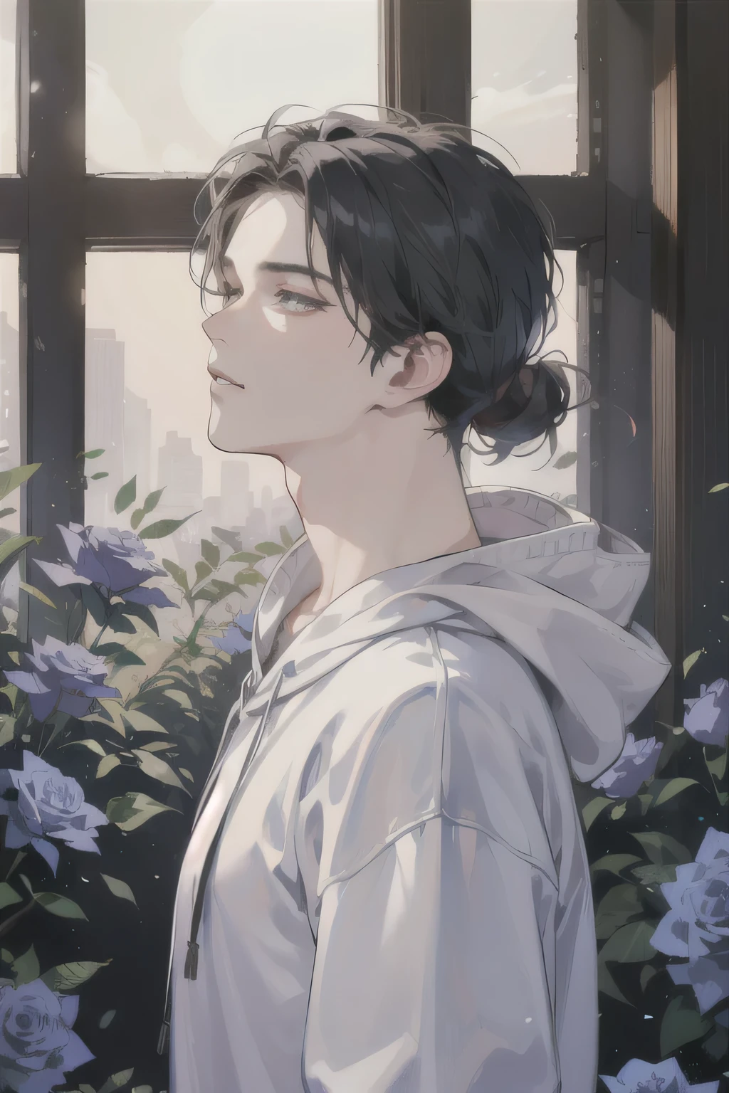 Anime boy,strong body,slant eyes,sad expression,handsome,smooth face,wearing hoddie,Korean side parted hairstyle, anime jelly, ultra HD, modern house background, cool pose, only half body, around him there are blue roses, very handsome, Korean model
