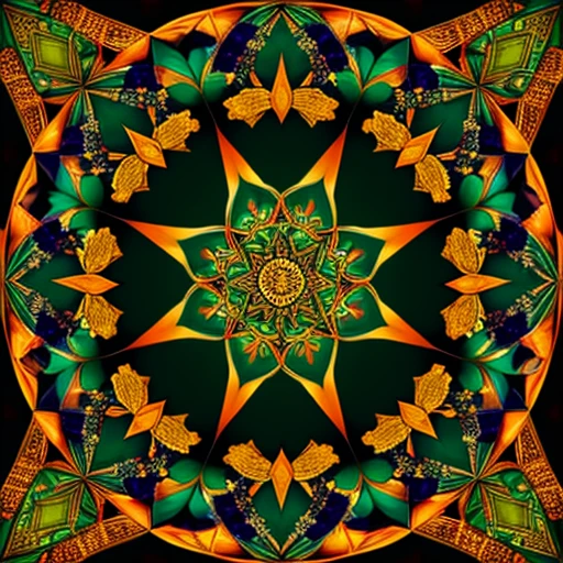 A beautiful mandala that is starting from a eight pointed star in the center, growing in forest green leaves and orange flecked with yellow light, like the crown of a tree, shining bright, growing in symmetrical designs and arabesques, adorned with flowers, digital art, masterpiece, highly detailed, 3d modelling, 4k resolution, abstract art, oriental art, digital art, photographic