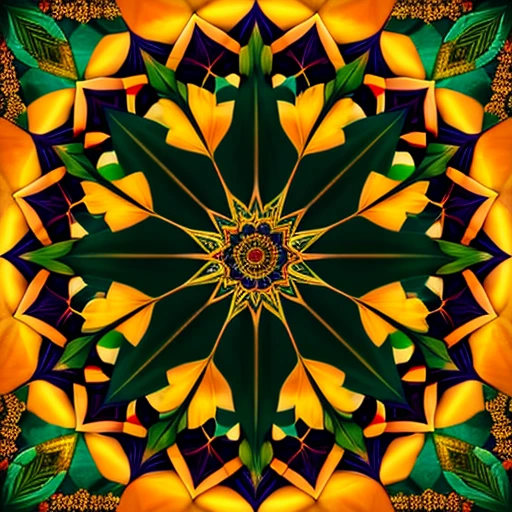 A beautiful mandala that is starting from a eight pointed star in the center, growing in forest green leaves and orange flecked with yellow light, like the crown of a tree, shining bright, growing in symmetrical designs and arabesques, adorned with flowers, digital art, masterpiece, highly detailed, 3d modelling, 4k resolution, abstract art, oriental art, digital art, photographic