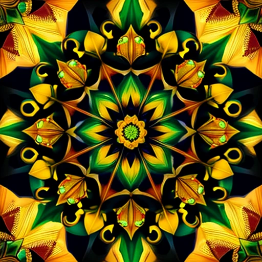 A beautiful mandala that is starting from a eight pointed star in the center, growing in forest green leaves and orange flecked with yellow light, like the crown of a tree, shining bright, growing in symmetrical designs and arabesques, adorned with flowers, digital art, masterpiece, highly detailed, 3d modelling, 4k resolution, abstract art, oriental art, digital art, photographic