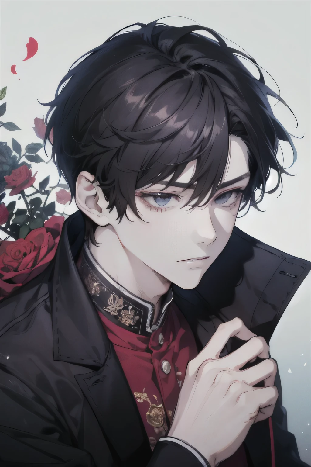 ((Best quality)),(masterpiece)),((detailed)),Anime boy,strong body,slant eyes,sad expression,handsome,smooth face,wearing shirt black,Korean side parted hairstyle, anime jelly, ultra HD, modern cityhouse background, cool pose, only half body, around him there are blue roses, very handsome, Korean model,theme city