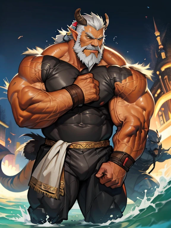 A burly, virile, and hairy dragon, exuding the irresistible charm of a himbo muscle daddy. His middle-aged features, adorned by a long, bushy beard and a thick mustache, reveal a life of experience and adventure. His body, sculpted into a warrior's build and a bodybuilder's physique, is a testament to his unyielding dedication to physical fitness. The hair on his chest and belly forms a carpet of thick fur, while his hairy arms and legs are adorned with a natural, untamed layer of hirsute. Every muscle on his overmuscular and musclebound frame is defined and bulging, veins pulsing beneath the surface, hinting at his incredible strength. Despite his advanced age, his grey hair only adds to his handsome and dreamy appearance.