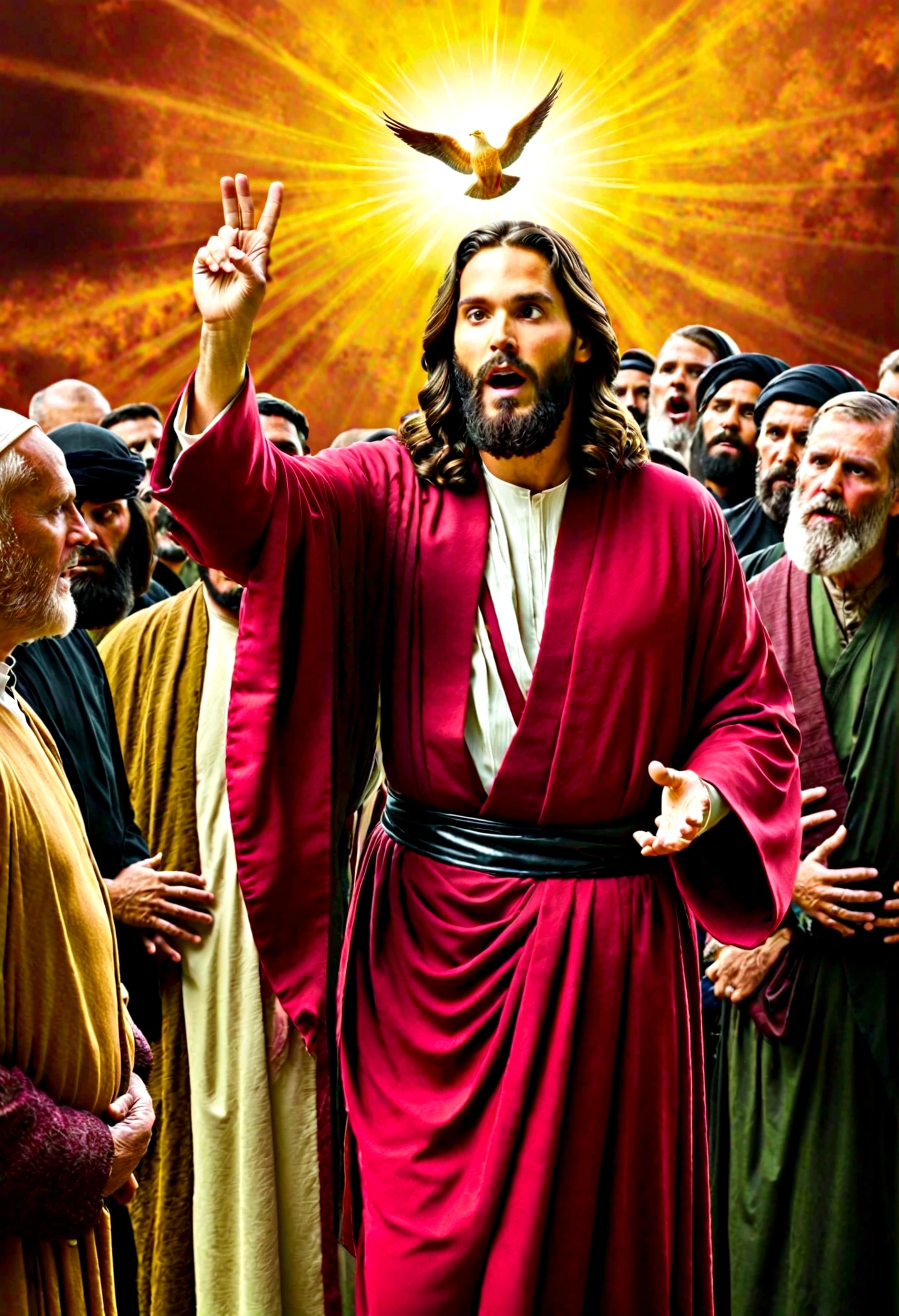 Create an image that portrays the idea of willful rejection of divine truth and resistance to the Holy Spirit. The scene should show a group of Pharisees confronting Jesus, with an expression of stubbornness and refusal on their faces. Jesus must be performing a miracle, with a soft, divine light emanating from his hands, symbolizing the Holy Spirit. However, the Pharisees must be portrayed as attributing this power to Satan, perhaps pointing in an accusatory manner or with symbols that indicate their false accusations. The atmosphere must convey the seriousness and gravity of the act of hardening the heart and the obstinate refusal of divine truth.