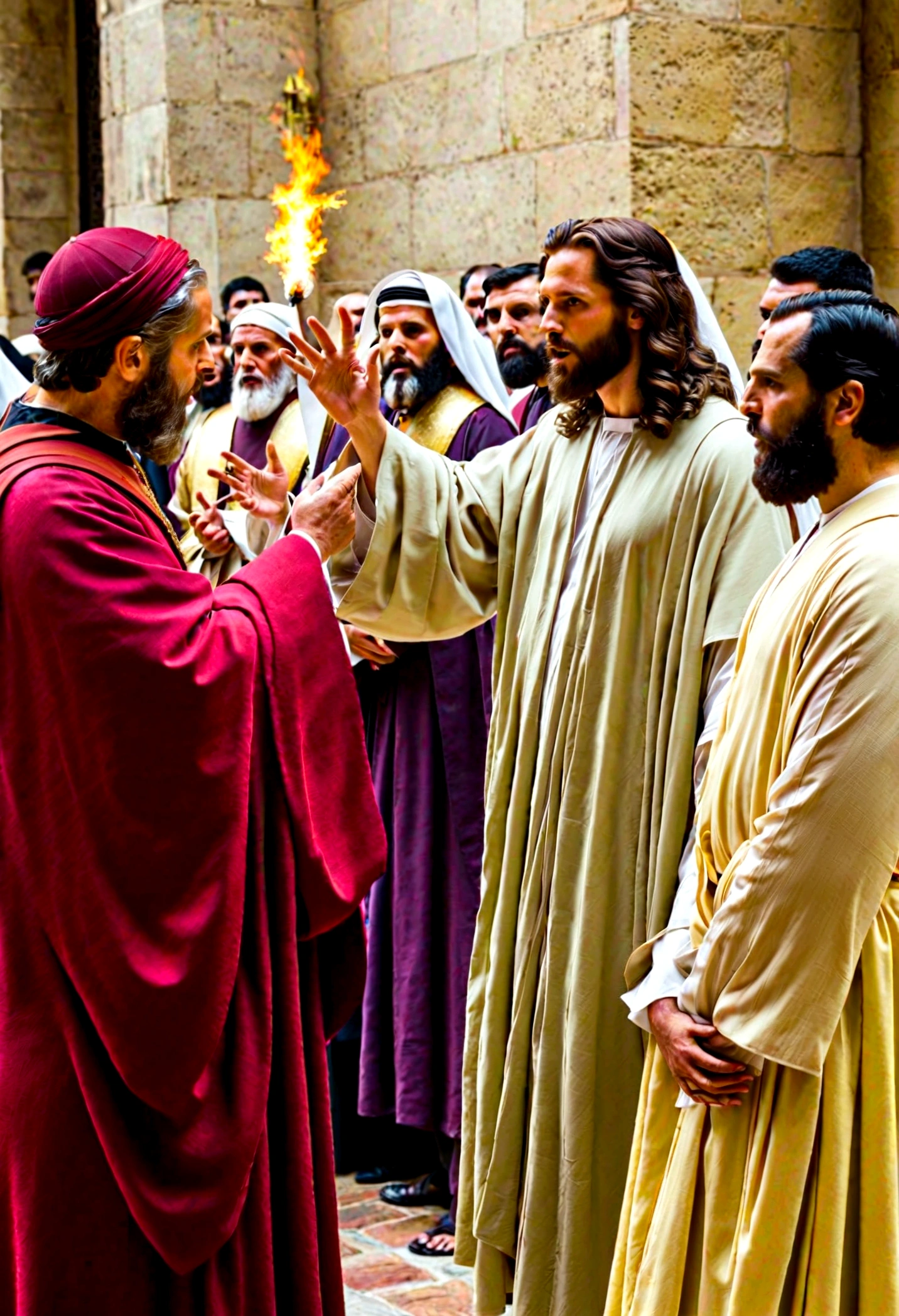 Create an image that portrays the idea of willful rejection of divine truth and resistance to the Holy Spirit. The scene should show a group of Pharisees confronting Jesus, with an expression of stubbornness and refusal on their faces. Jesus must be performing a miracle, with a soft, divine light emanating from his hands, symbolizing the Holy Spirit. However, the Pharisees must be portrayed as attributing this power to Satan, perhaps pointing in an accusatory manner or with symbols that indicate their false accusations. The atmosphere must convey the seriousness and gravity of the act of hardening the heart and the obstinate refusal of divine truth.