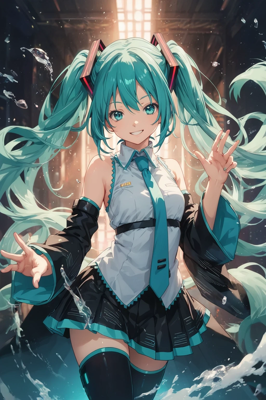score_9, score_8_up, score_7_up, BREAK,
 1 girl, smile, Vocaloid, Hatsune Miku,Blue blue-green hair, long hair, looking at the viewer, volume lighting, dynamic pose,