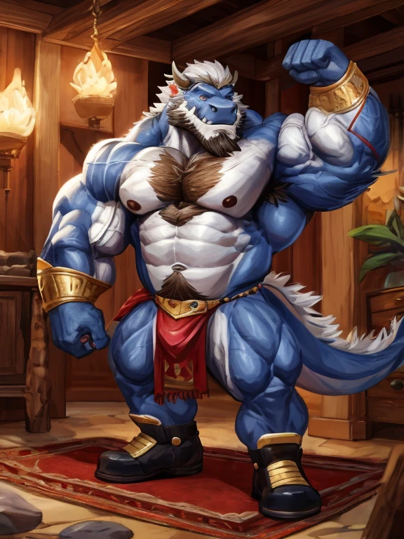 A burly, virile, and hairy dragon, exuding the irresistible charm of a himbo muscle daddy. His middle-aged features, adorned by a long, bushy beard and a thick mustache, reveal a life of experience and adventure. His body, sculpted into a warrior's build and a bodybuilder's physique, is a testament to his unyielding dedication to physical fitness. The hair on his chest and belly forms a carpet of thick fur, while his hairy arms and legs are adorned with a natural, untamed layer of hirsute. Every muscle on his overmuscular and musclebound frame is defined and bulging, veins pulsing beneath the surface, hinting at his incredible strength. Despite his advanced age, his grey hair only adds to his handsome and dreamy appearance.