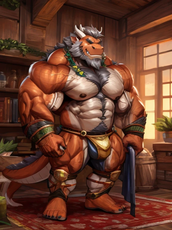 A burly, virile, and hairy dragon, exuding the irresistible charm of a himbo muscle daddy. His middle-aged features, adorned by a long, bushy beard and a thick mustache, reveal a life of experience and adventure. His body, sculpted into a warrior's build and a bodybuilder's physique, is a testament to his unyielding dedication to physical fitness. The hair on his chest and belly forms a carpet of thick fur, while his hairy arms and legs are adorned with a natural, untamed layer of hirsute. Every muscle on his overmuscular and musclebound frame is defined and bulging, veins pulsing beneath the surface, hinting at his incredible strength. Despite his advanced age, his grey hair only adds to his handsome and dreamy appearance.