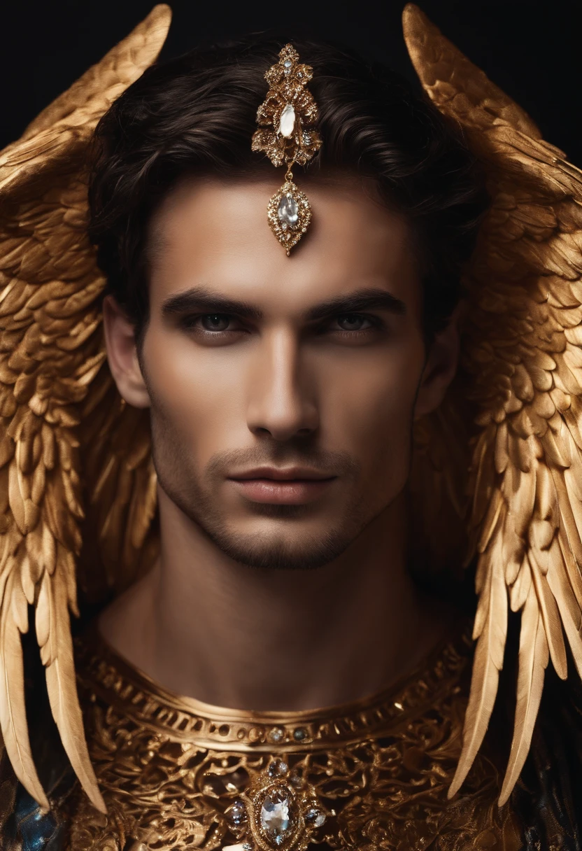 Homem romano realista beleza masculina nariz fino labios carnudos queixo qyadrado diamante. With angel wings on golden heads