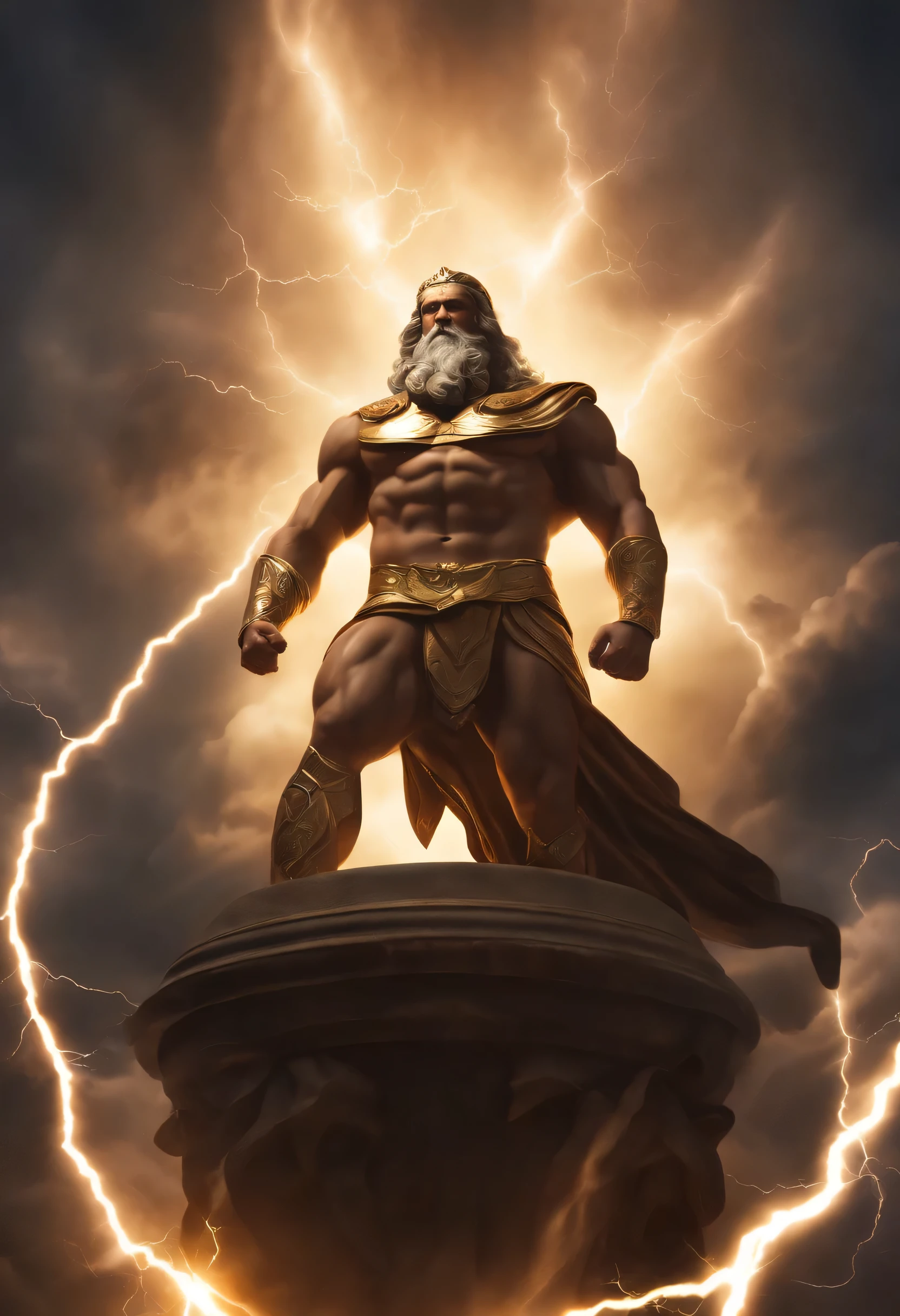 (ultra-detailed, highres, realistic:1.37), Zeus, Greek mythology, god, king of gods, bearded, muscular, powerful, lightning bolt, stormy sky, majestic, regal, commanding presence, divine, glowing eyes, golden crown, flowing white robes, thunder, Zeus' symbol, eagle, thunderbolt, Mount Olympus, heroic, godly physique, thunderous voice, seated on a throne, lightning storms, powerful storms, beard (should never be omitted in depiction), shimmering aura, deity, mythology, ancient Greece, lightning god, ruler of the heavens, all-powerful, lightning storms, god of thunder, sky father, patriarch, authoritative, majestic pose, godly anger, strength, ruler of Olympus, supreme god, clouded skies, lightning storms, wrathful, lightning bolts (always present), stormy atmosphere, omnipotent.