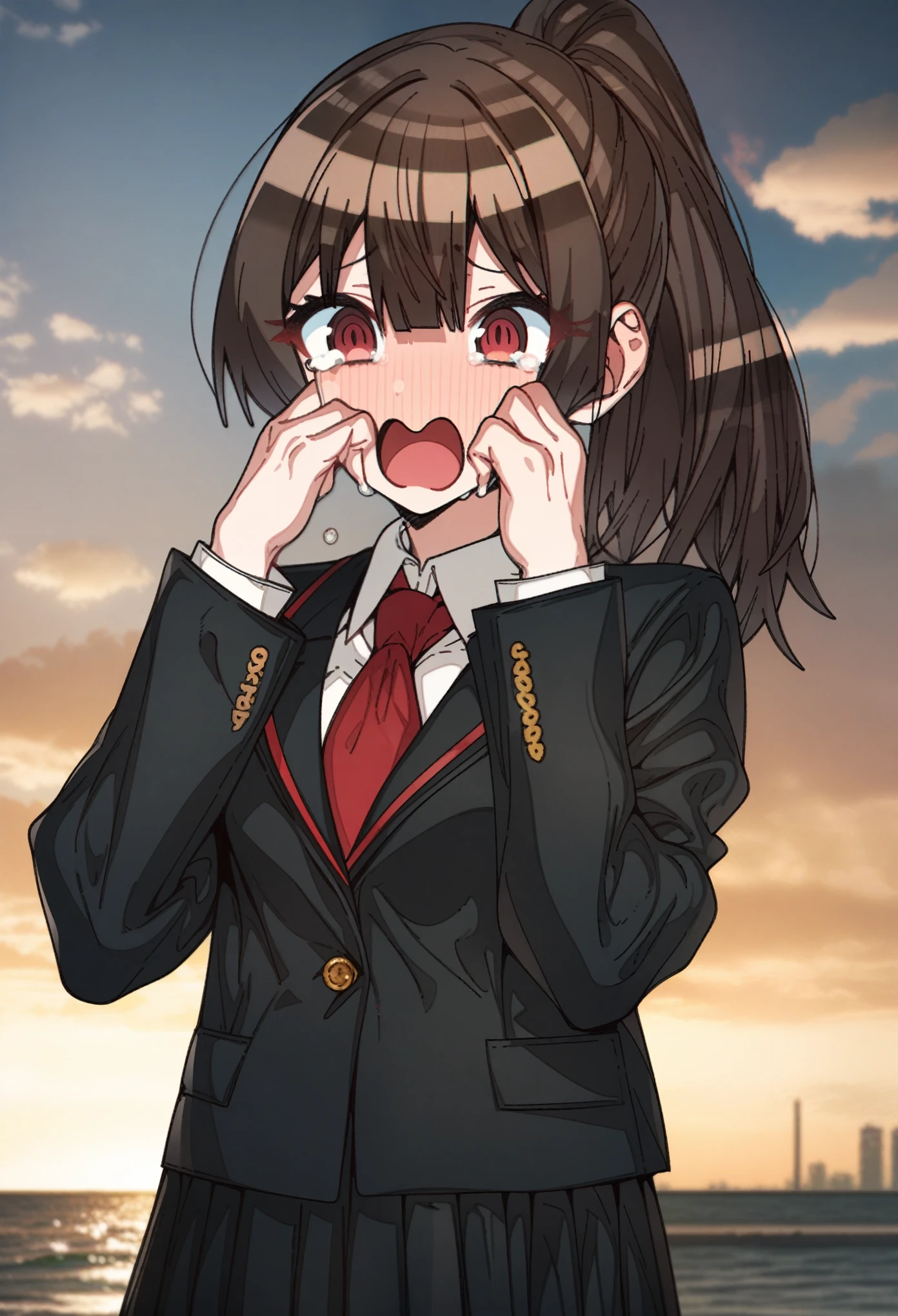 standing, Houshou_marine with brown hair and hazel eyes, Artist, erere, Copyrights, idolmaster, idolmaster_shiny_colors, Character, General, 1girl, brown_hair, medium_breasts, breasts, long side_bangs, ponytail, detailed eyelashes, beautiful girl:1, hazel_eyes, censored, ((clouds, detailed background)), school_uniform, black skirt, black blazer, black_sleeves, pleated skirt:1.2, blazer, red tie, detailed, outdoors, looking_at_viewer, masterpiece, best_quality, great_quality, girl, solo, center_composition, centered character, cute, tears, crying, sad, upper_teeth_only, surprised, hands_on_own_face

